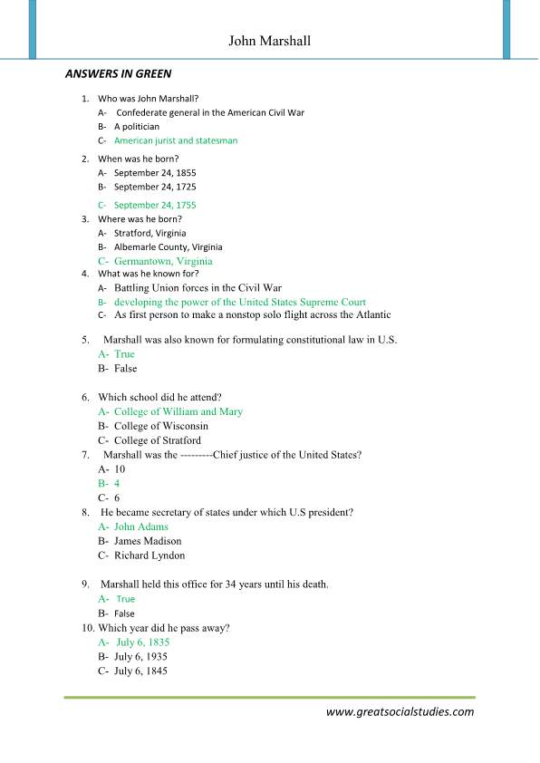 John Marshall bio, John Marshall bank, work sheets | GREAT SOCIAL STUDIES